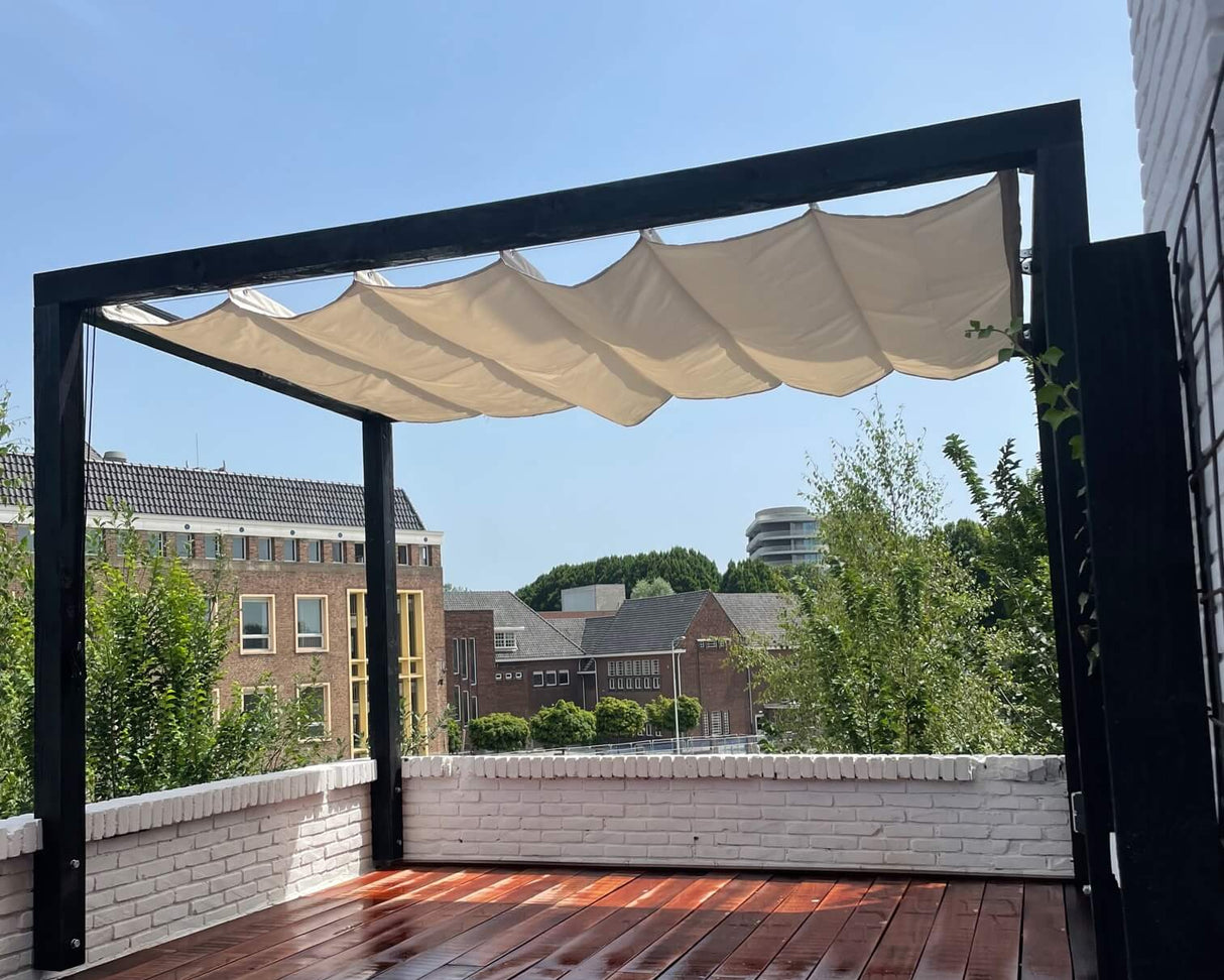 Pergola van Douglas hout 11 x 11 cm kopmaat incl. WATERDICHT Harmonica schaduwdoek