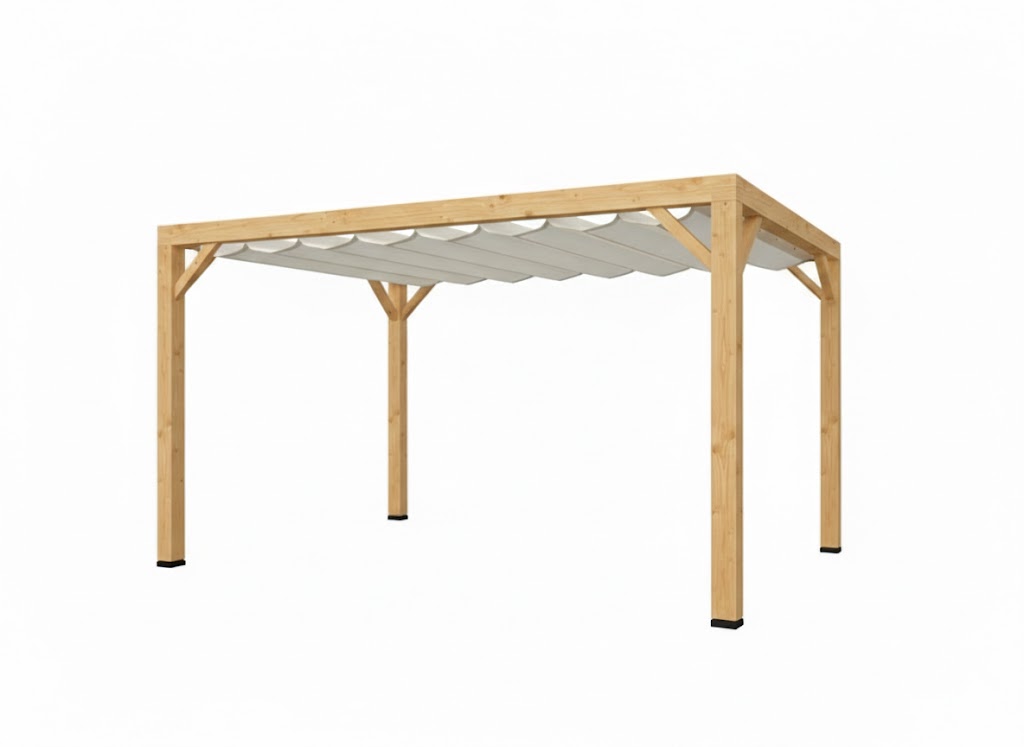 Pergola van Eiken hout 14 x 14 cm kopmaat inclusief WATERDICHT Harmonica schaduwdoek