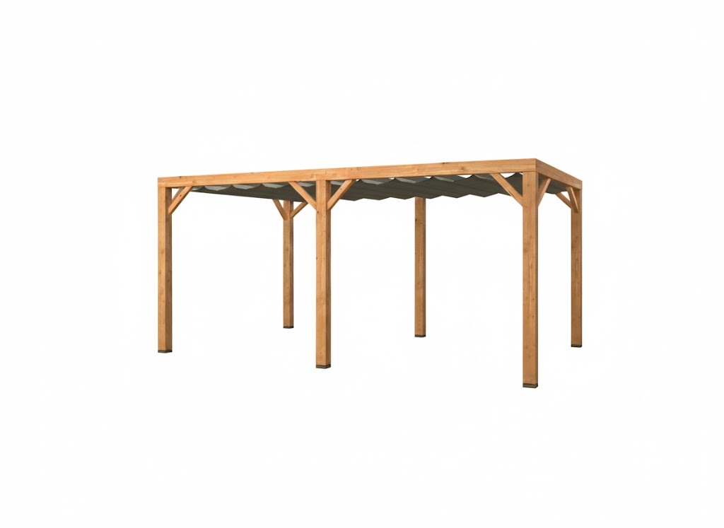 Pergola van Douglas hout met 14 x 14 cm kopmaat inclusief WATERDOORLATEND harmonica doek