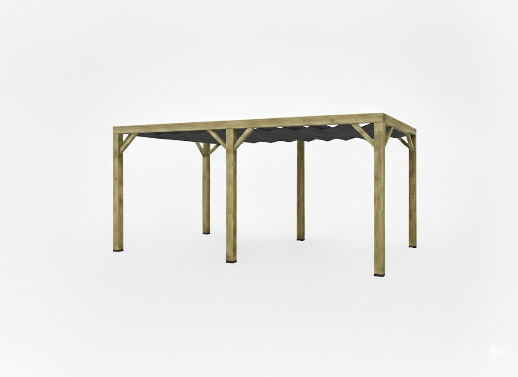 Pergola van vuren gelamineerd geïmpregneerd hout met 14 x 14 cm kopmaat inclusief WATERDICHT harmonica doek