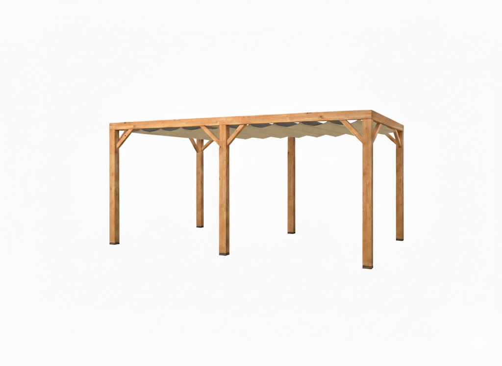 Pergola van Douglas COMBI hardhout 11 x 11 cm kopmaat incl. WATERDOORLATEND Harmonica schaduwdoek