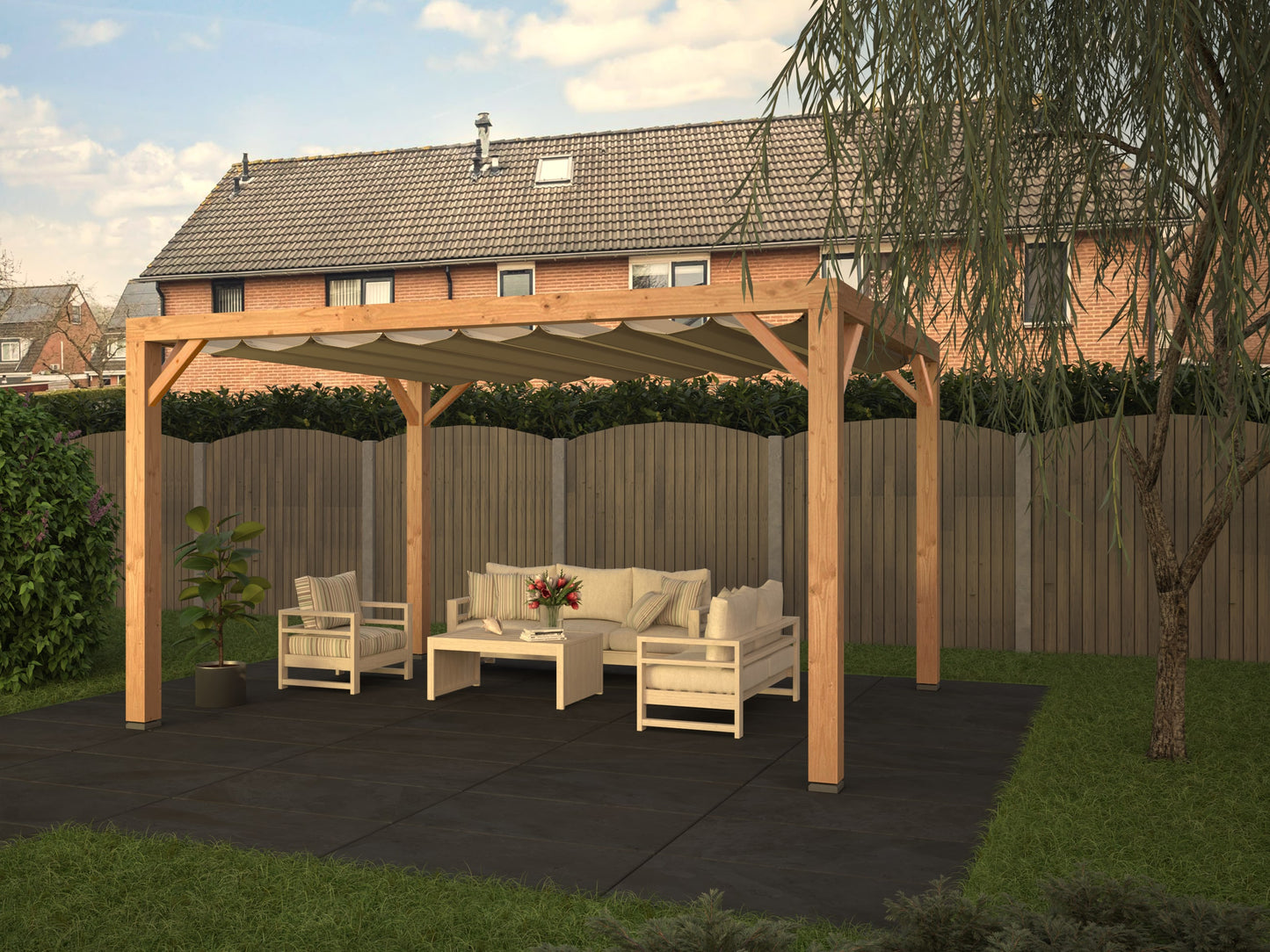 Pergola van Douglas hout 324x424x248 cm (b x l x h) incl. WATERDOORLATEND schaduwdoek