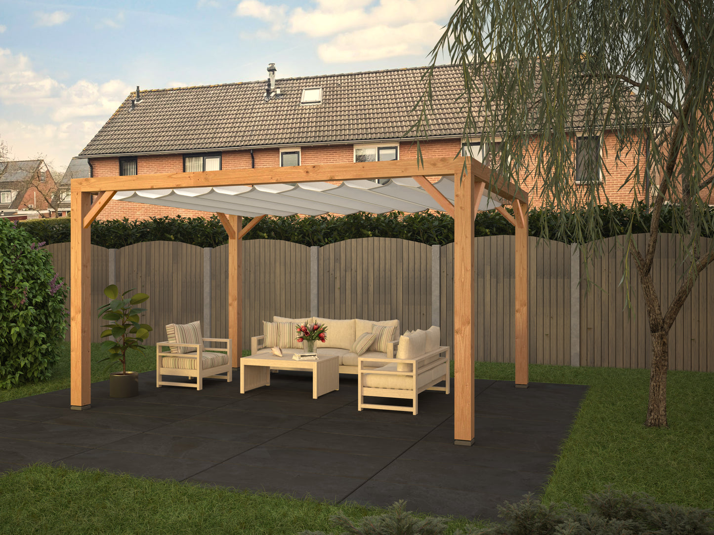 Pergola van Douglas hout 324x424x248 cm (b x l x h) incl. WATERDOORLATEND schaduwdoek