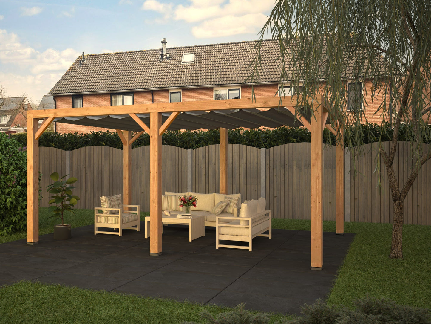 Pergola van Douglas hout 404x524x248 cm (b x l x h) WATERDICHT schaduwdoek