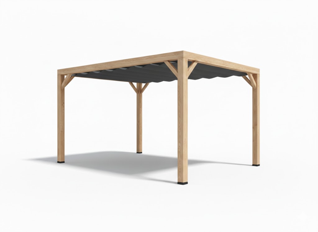 Pergola van Eiken hout 15 x 15 cm kopmaat inclusief WATERDOORLATEND Harmonica schaduwdoek