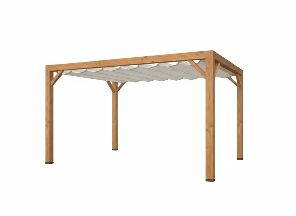 Pergola van Douglas hout 11 x 11 cm kopmaat incl. WATERDOORLATEND Harmonica schaduwdoek