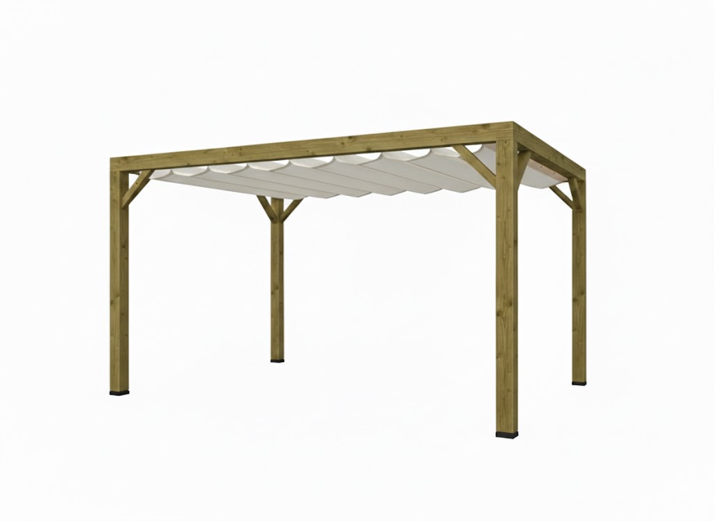 Pergola van vuren gelamineerd COMBI hardhout voet geïmpregneerd hout met 14 x 14 cm kopmaat inclusief WATERDICHT harmonica doek