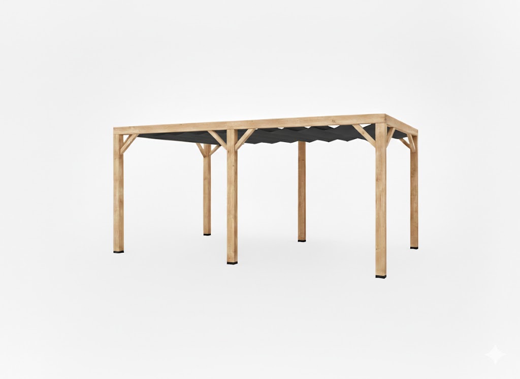 Pergola van Eiken hout 14 x 14 cm kopmaat inclusief WATERDOORLATEND Harmonica schaduwdoek