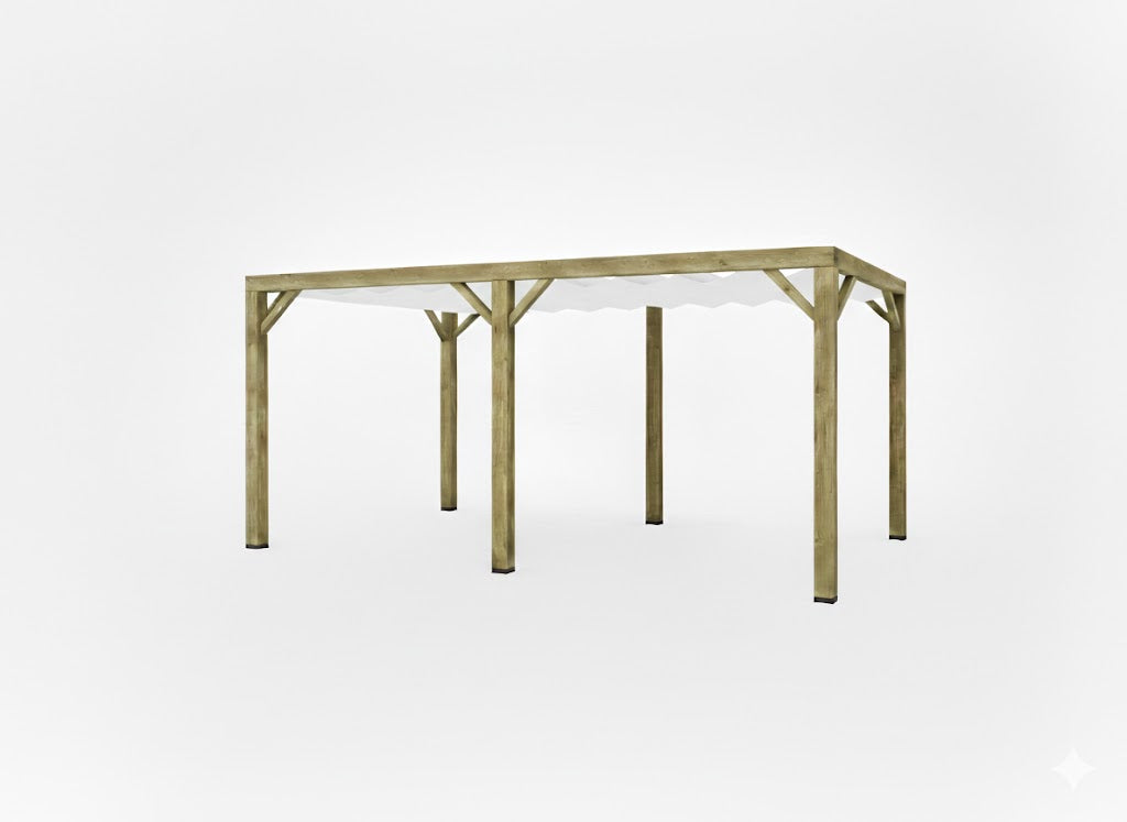 Pergola van vuren gelamineerd COMBI hardhout voet geïmpregneerd hout met 14 x 14 cm kopmaat inclusief WATERDOORLATEND harmonica doek
