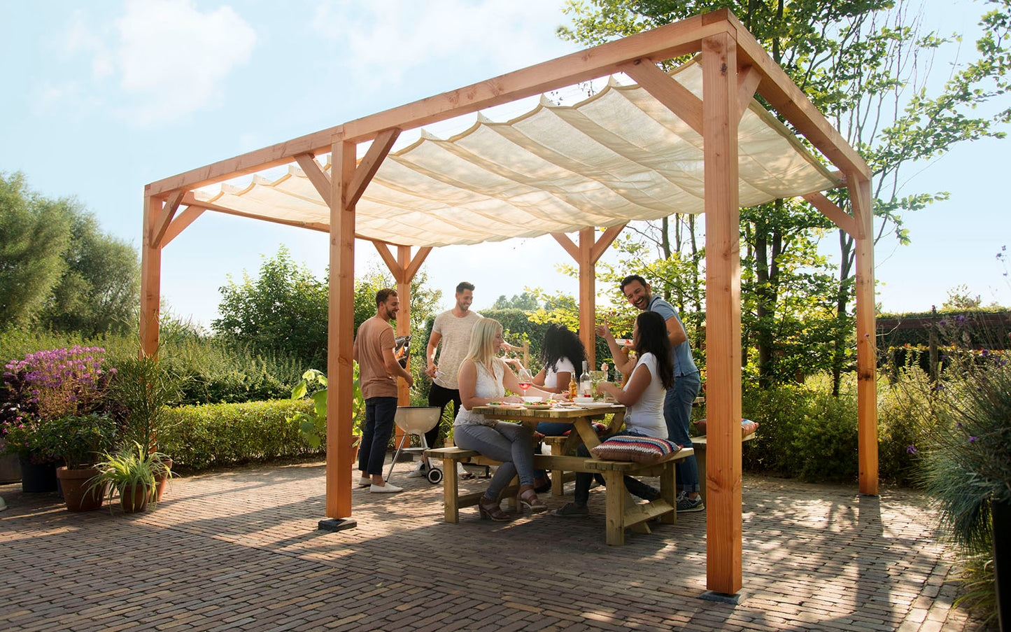 Pergola aus Douglasienholz, 404 x 524 x 248 cm (B x H), wasserfestes Sonnenschutztuch